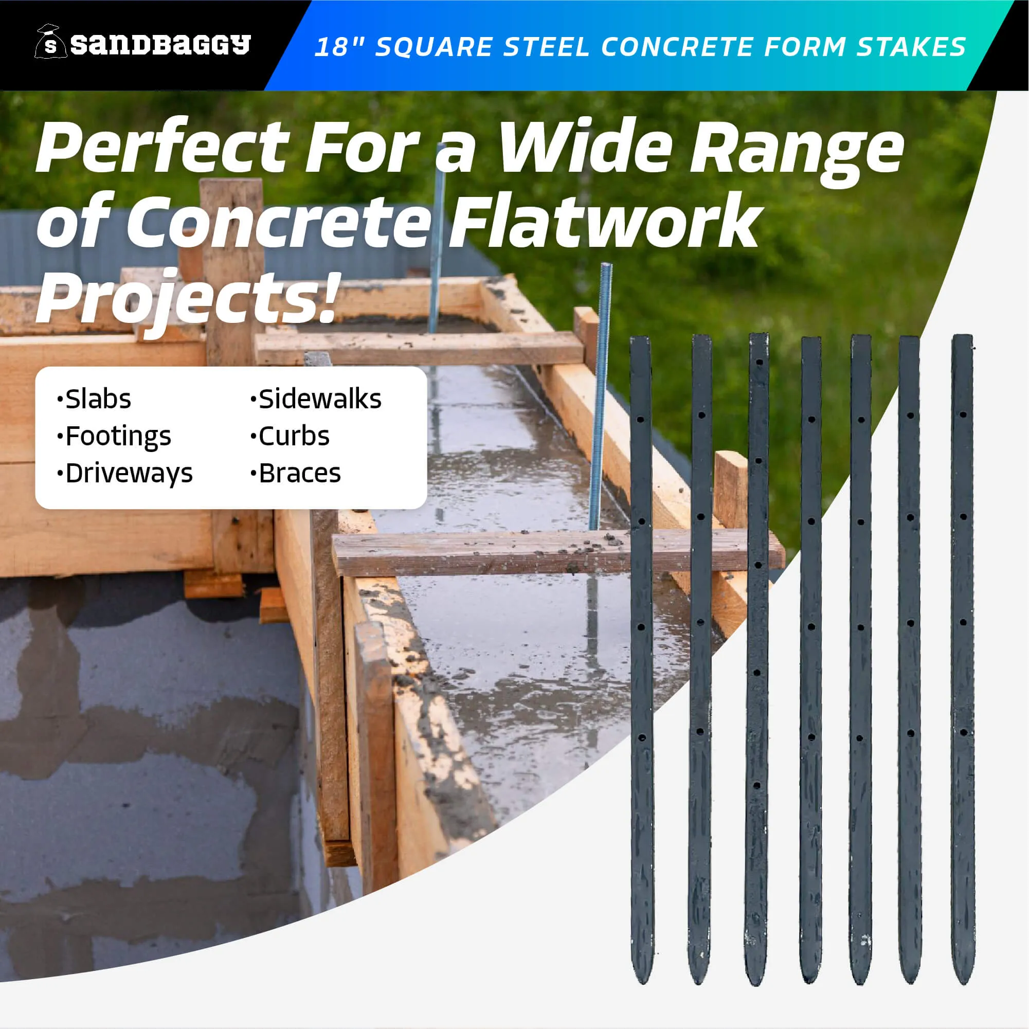18" Square Steel Concrete Form Stakes with Nail Holes - 5/8" Wide