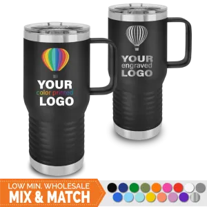 20 oz Handled Travel Tumblers -Mix & Match- Bulk Wholesale Personalized Engraved or Full Color Print Logo