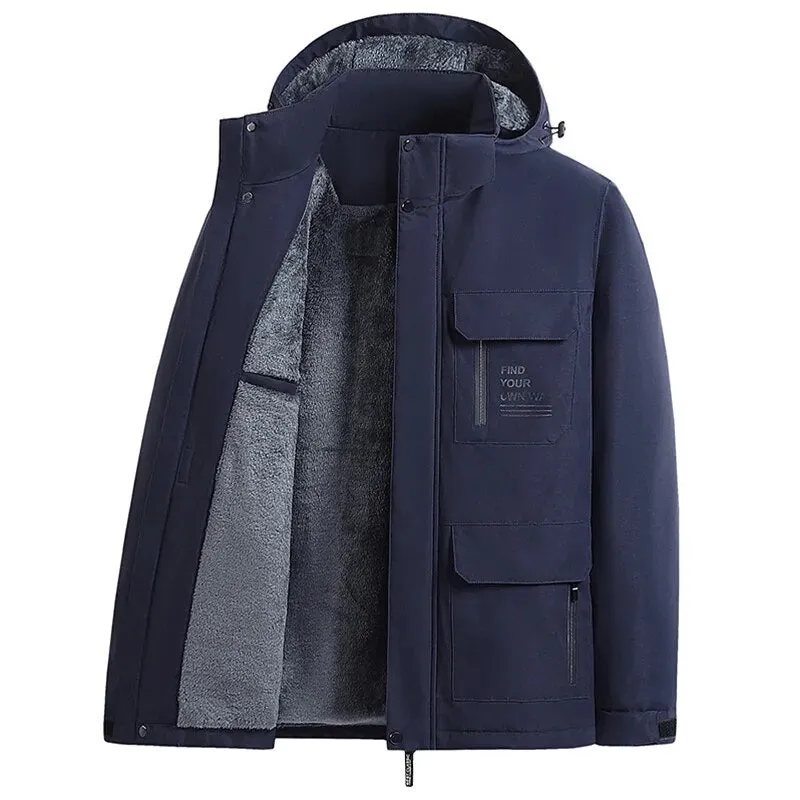 2023 Winter Men Outdoor Windproof Waterproof Hooded Cargo Jackets Men Winter Warm Multiple Pockets Detachable Hat Men Jackets
