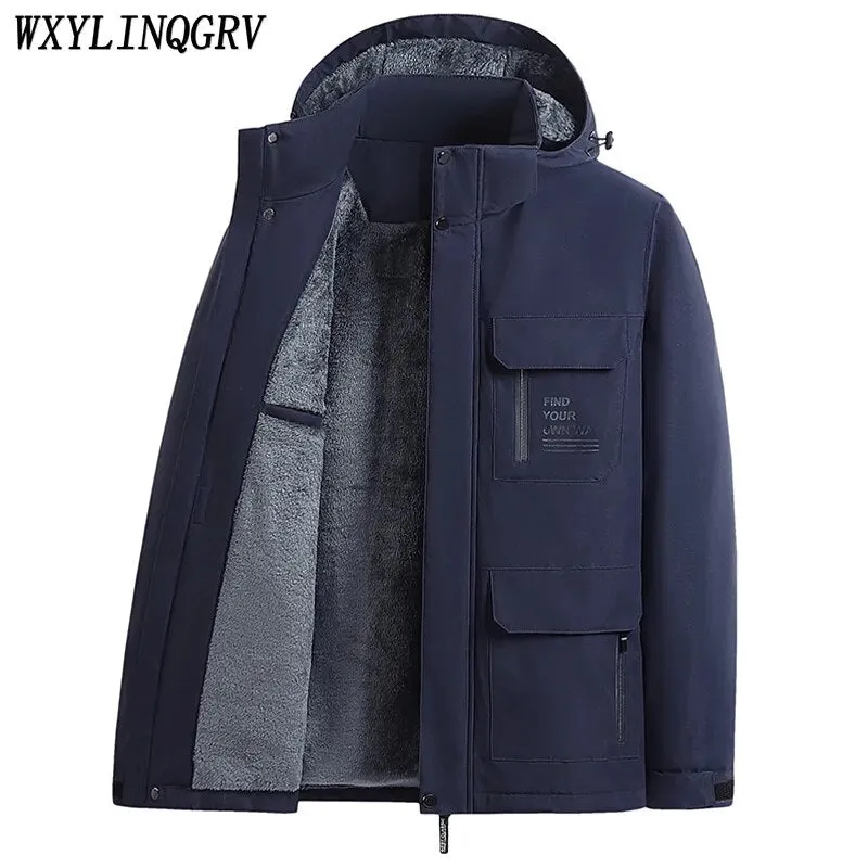 2023 Winter Men Outdoor Windproof Waterproof Hooded Cargo Jackets Men Winter Warm Multiple Pockets Detachable Hat Men Jackets