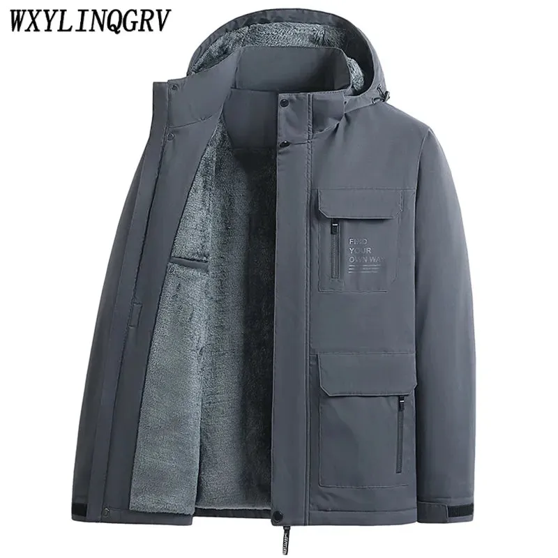 2023 Winter Men Outdoor Windproof Waterproof Hooded Cargo Jackets Men Winter Warm Multiple Pockets Detachable Hat Men Jackets