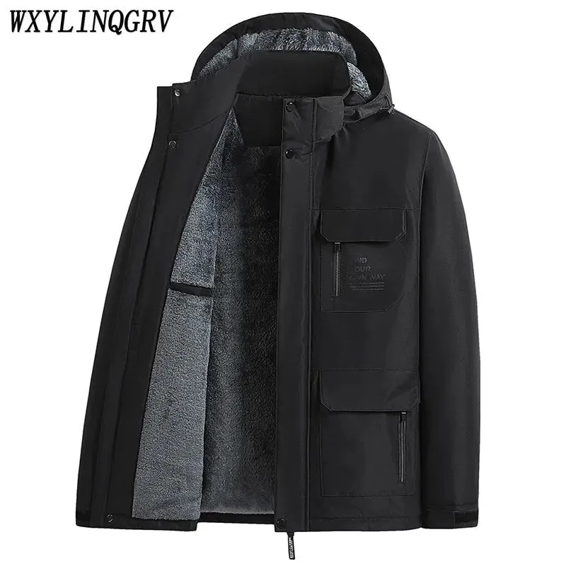 2023 Winter Men Outdoor Windproof Waterproof Hooded Cargo Jackets Men Winter Warm Multiple Pockets Detachable Hat Men Jackets