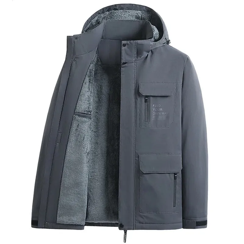 2023 Winter Men Outdoor Windproof Waterproof Hooded Cargo Jackets Men Winter Warm Multiple Pockets Detachable Hat Men Jackets