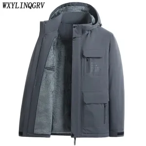 2023 Winter Men Outdoor Windproof Waterproof Hooded Cargo Jackets Men Winter Warm Multiple Pockets Detachable Hat Men Jackets