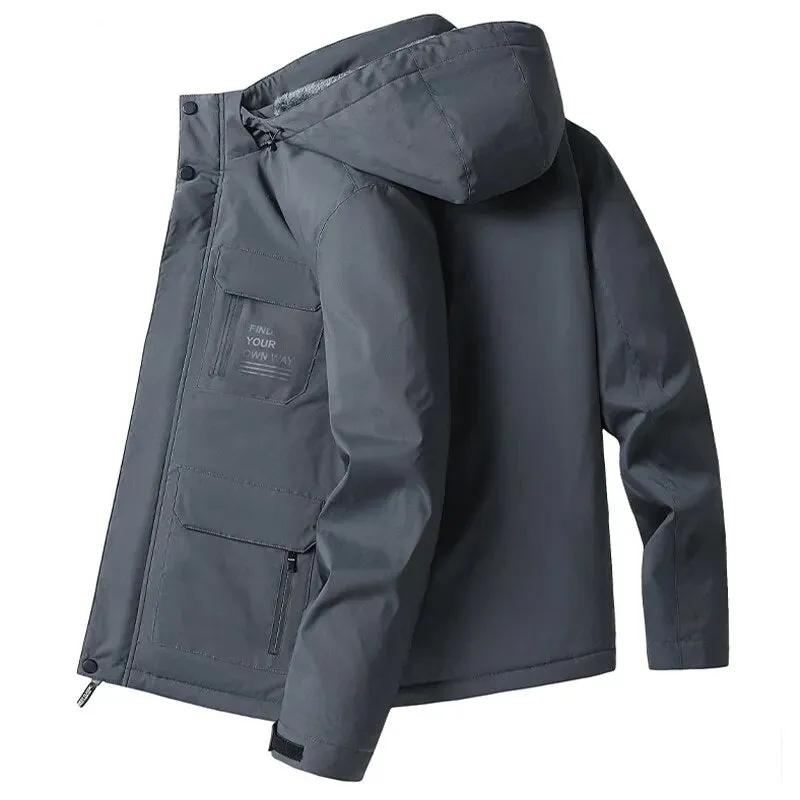 2023 Winter Men Outdoor Windproof Waterproof Hooded Cargo Jackets Men Winter Warm Multiple Pockets Detachable Hat Men Jackets