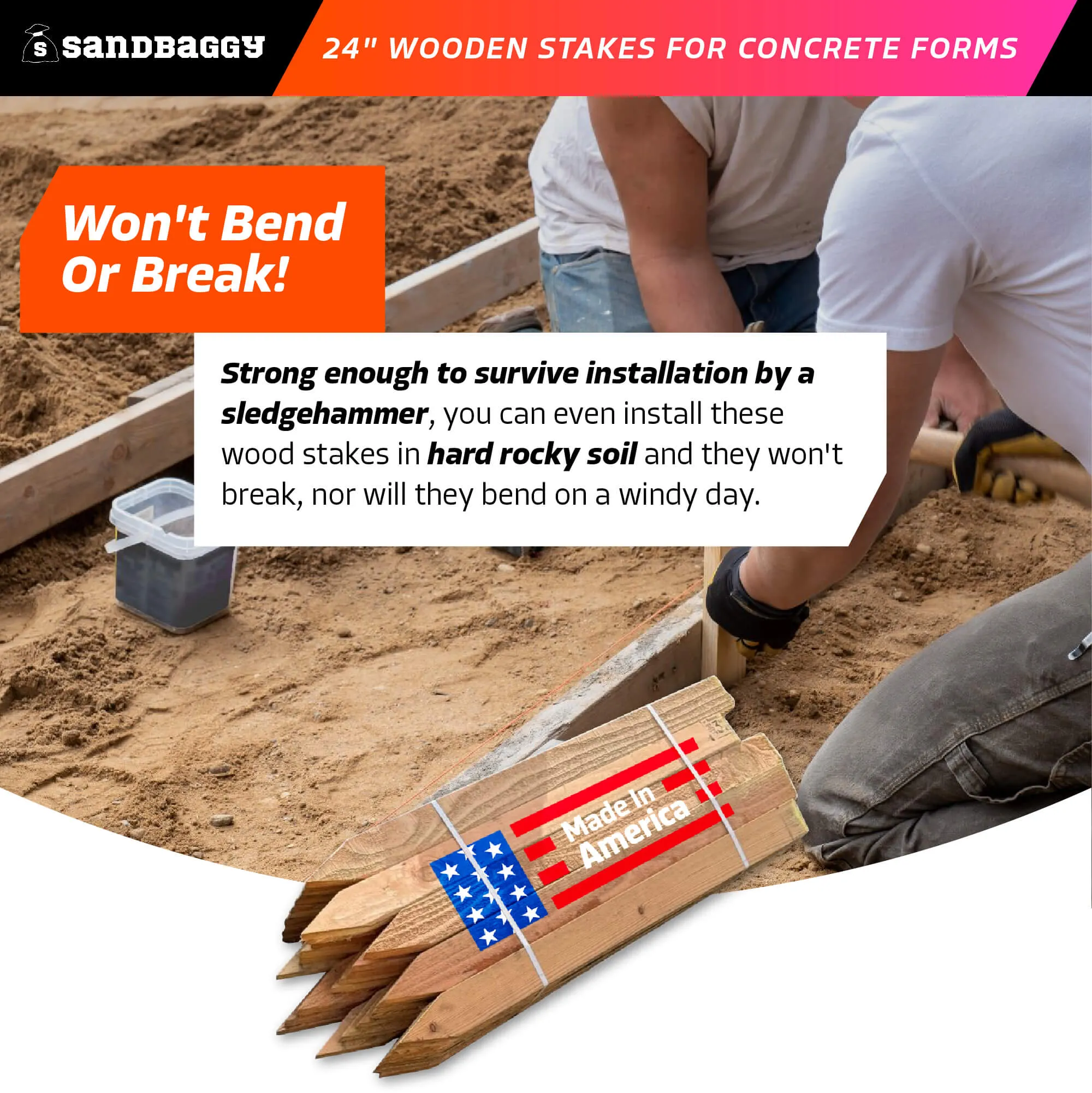 24" Wooden Stakes For Concrete Forms - 1" x 3" x 24" (50 Pcs/Bundle) - Made in the USA