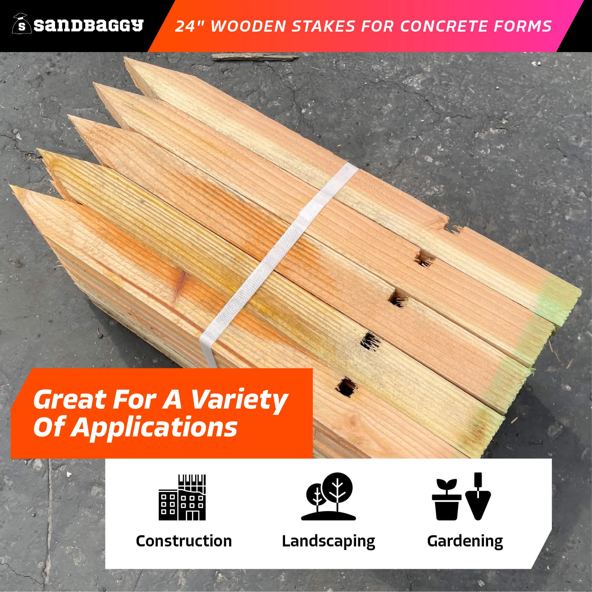 24" Wooden Stakes For Concrete Forms - 1" x 3" x 24" (50 Pcs/Bundle) - Made in the USA