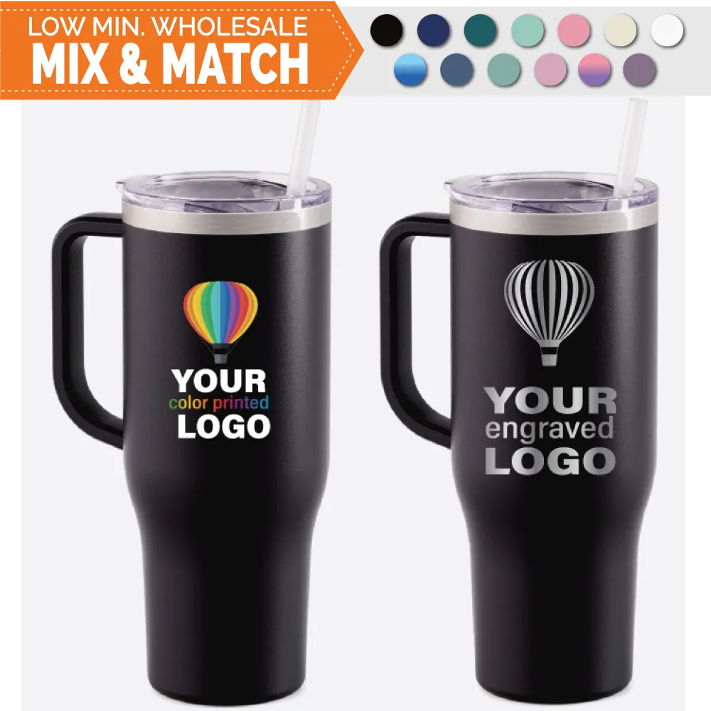 40 oz Handled Straw Lid Tumblers -Mix & Match- Bulk Wholesale Personalized Engraved or Full Color Print Logo