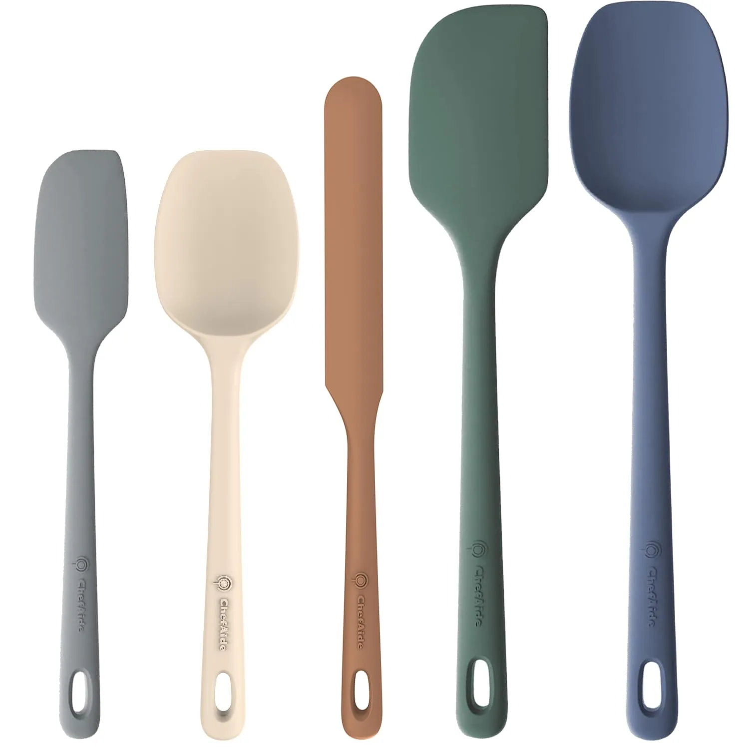 ChefAide 5 Pieces Silicone Spatula Set, Food Grade Rubber Spatula, Upgrade Strong Handle with Ergonomic Grip, Heat Resistant Up to 600F for Nonstick Cookware, Cooking