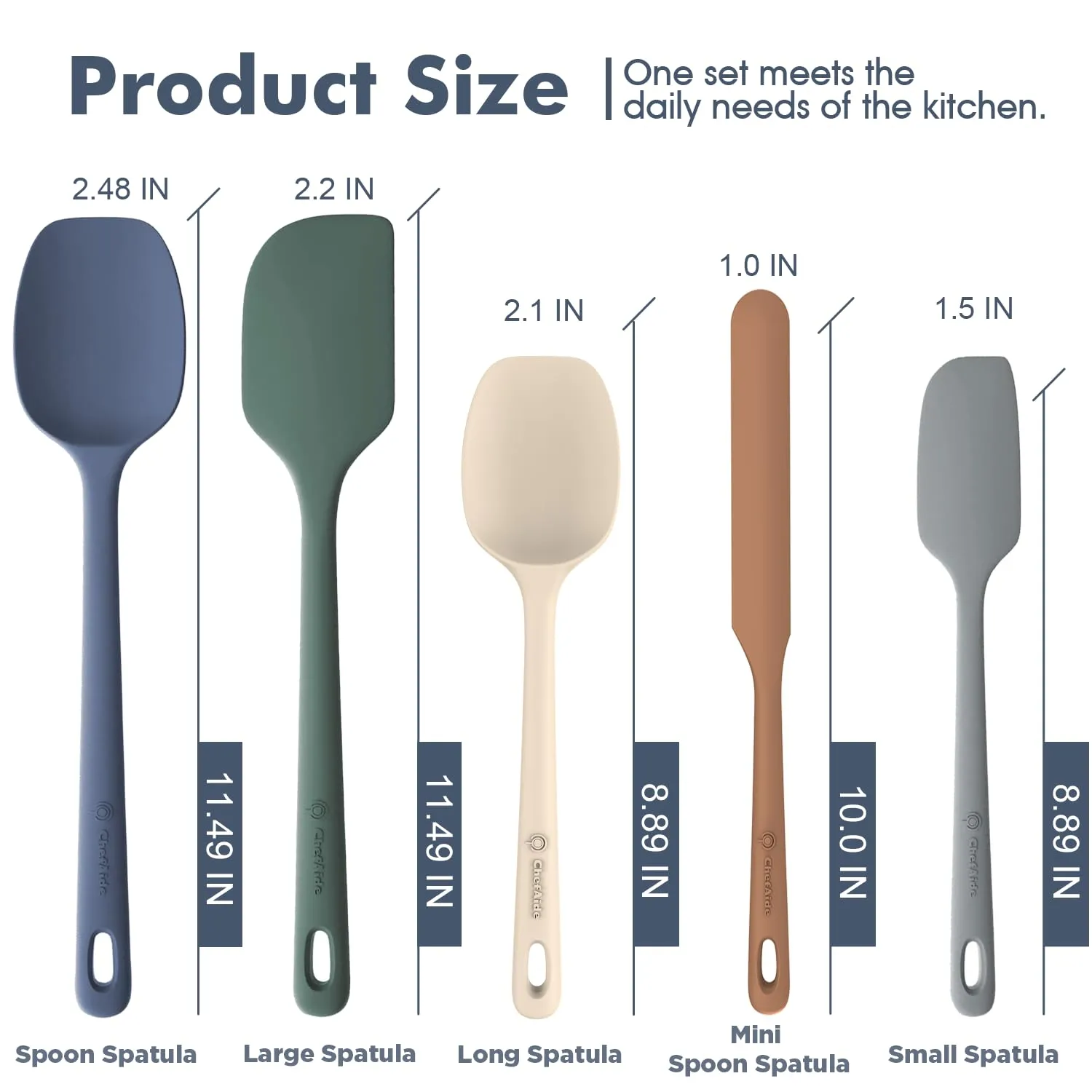 ChefAide 5 Pieces Silicone Spatula Set, Food Grade Rubber Spatula, Upgrade Strong Handle with Ergonomic Grip, Heat Resistant Up to 600F for Nonstick Cookware, Cooking