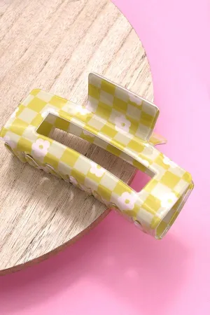 Lime Daisy Checker Hair Claw Clip