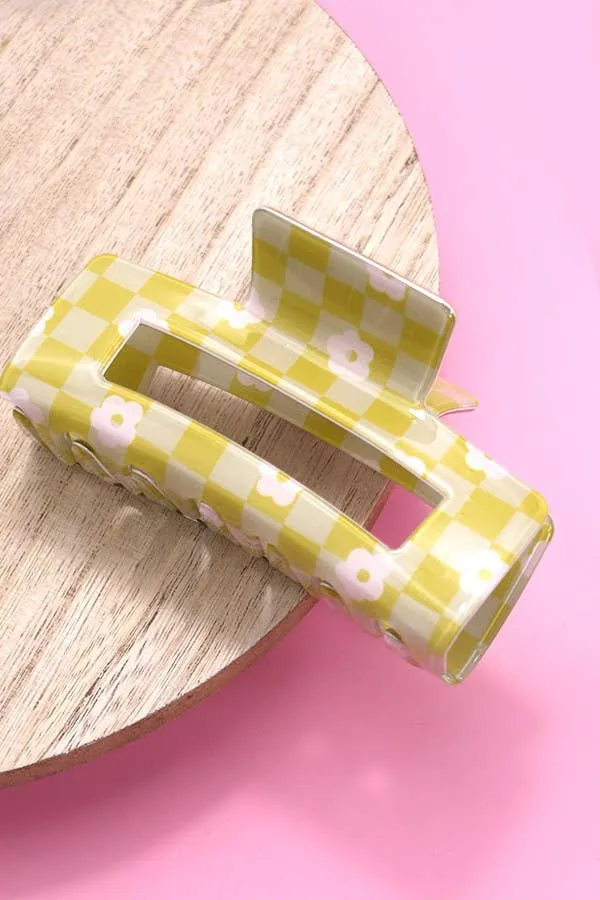 Lime Daisy Checker Hair Claw Clip