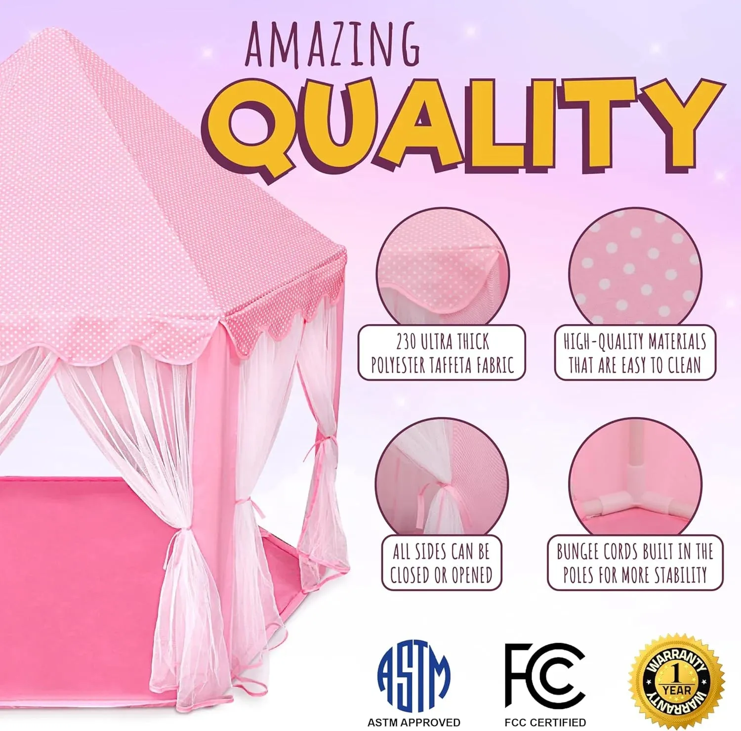 ORIAN Princess Castle Playhouse Tent for Girls with LED Star Lights  Indoor & Outdoor Large Kids Play Tent for Imaginative Games   Princess Tent, 230 Polyester Taffeta. Pink 55"x53".