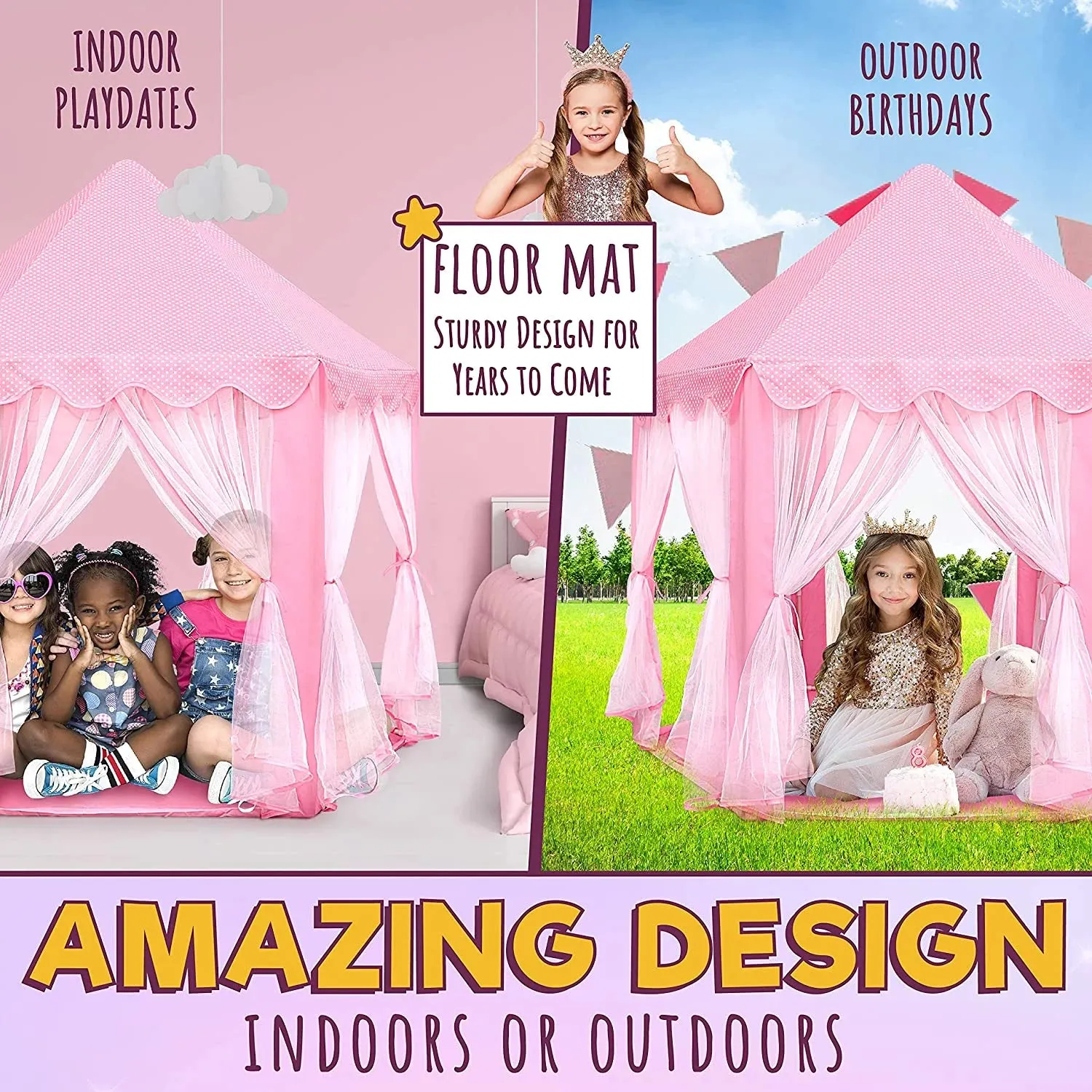 ORIAN Princess Castle Playhouse Tent for Girls with LED Star Lights  Indoor & Outdoor Large Kids Play Tent for Imaginative Games   Princess Tent, 230 Polyester Taffeta. Pink 55"x53".
