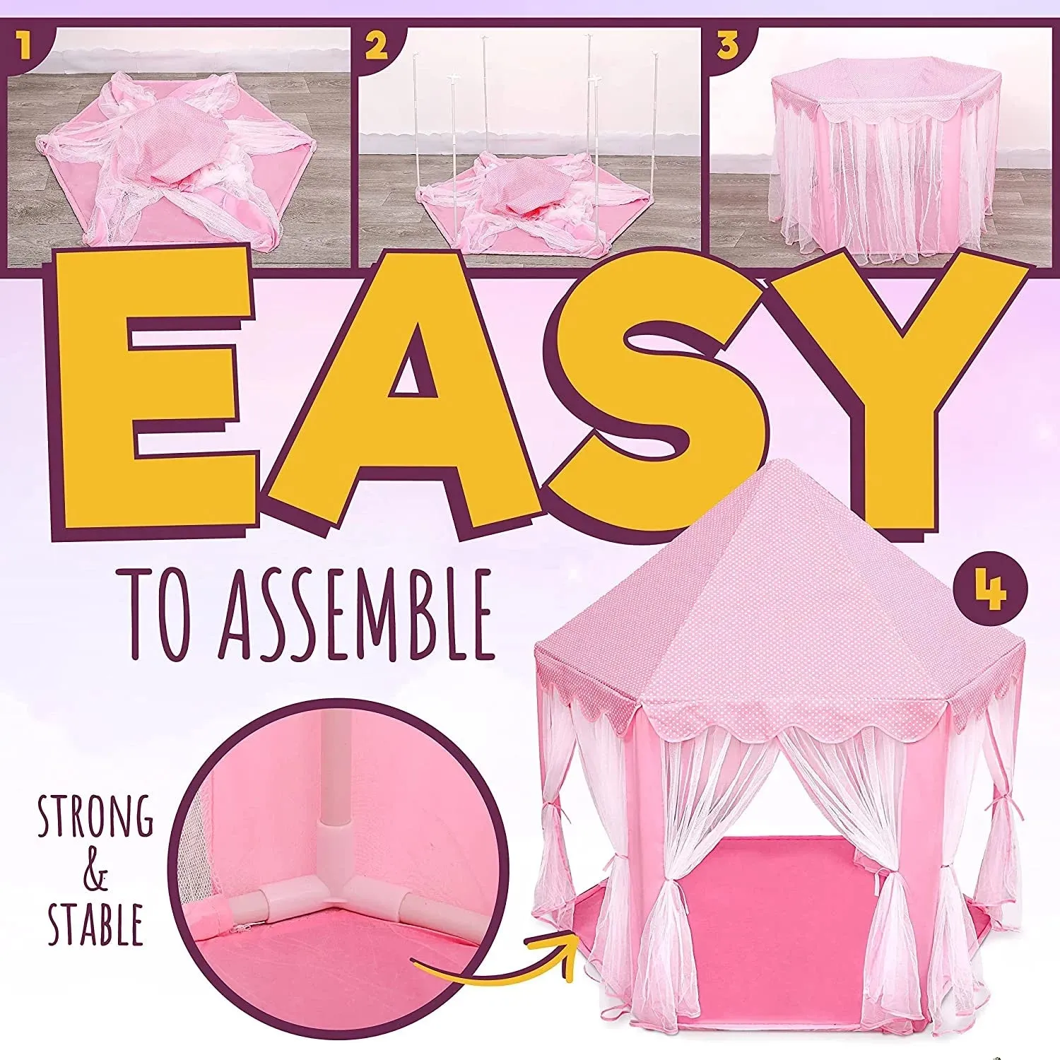 ORIAN Princess Castle Playhouse Tent for Girls with LED Star Lights  Indoor & Outdoor Large Kids Play Tent for Imaginative Games   Princess Tent, 230 Polyester Taffeta. Pink 55"x53".