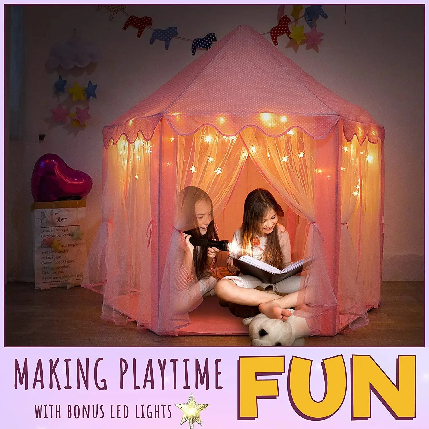ORIAN Princess Castle Playhouse Tent for Girls with LED Star Lights  Indoor & Outdoor Large Kids Play Tent for Imaginative Games   Princess Tent, 230 Polyester Taffeta. Pink 55"x53".