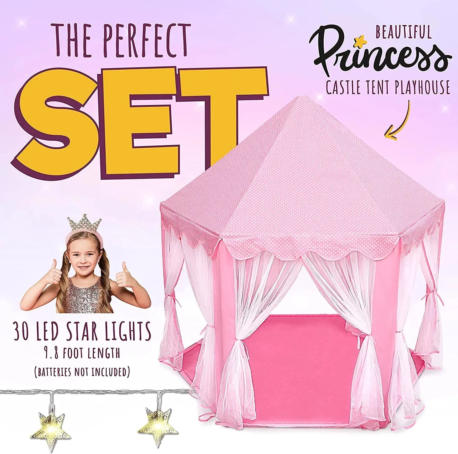 ORIAN Princess Castle Playhouse Tent for Girls with LED Star Lights  Indoor & Outdoor Large Kids Play Tent for Imaginative Games   Princess Tent, 230 Polyester Taffeta. Pink 55"x53".