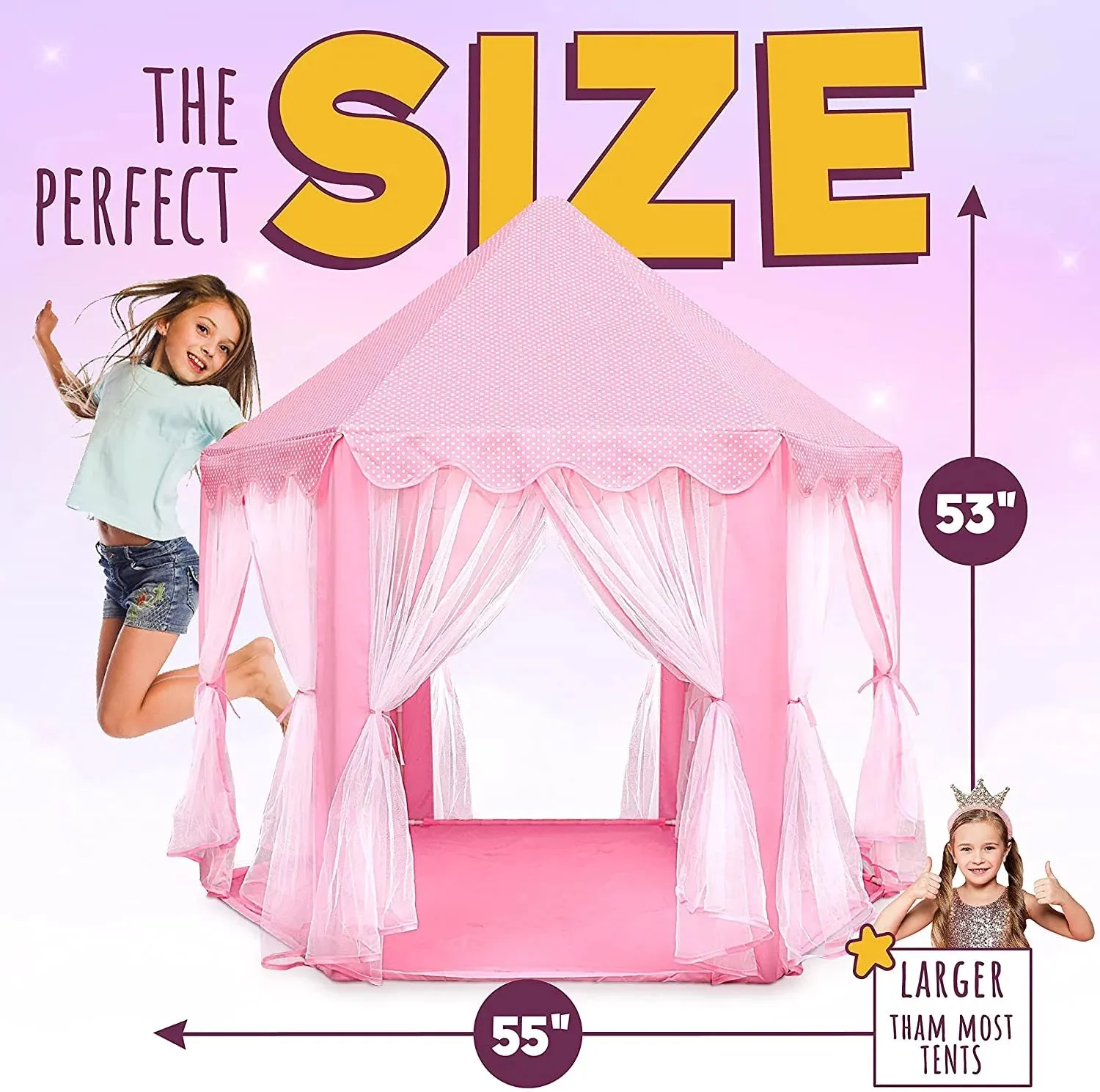 ORIAN Princess Castle Playhouse Tent for Girls with LED Star Lights  Indoor & Outdoor Large Kids Play Tent for Imaginative Games   Princess Tent, 230 Polyester Taffeta. Pink 55"x53".