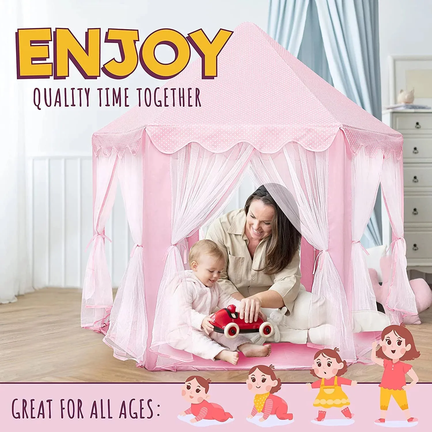 ORIAN Princess Castle Playhouse Tent for Girls with LED Star Lights  Indoor & Outdoor Large Kids Play Tent for Imaginative Games   Princess Tent, 230 Polyester Taffeta. Pink 55"x53".